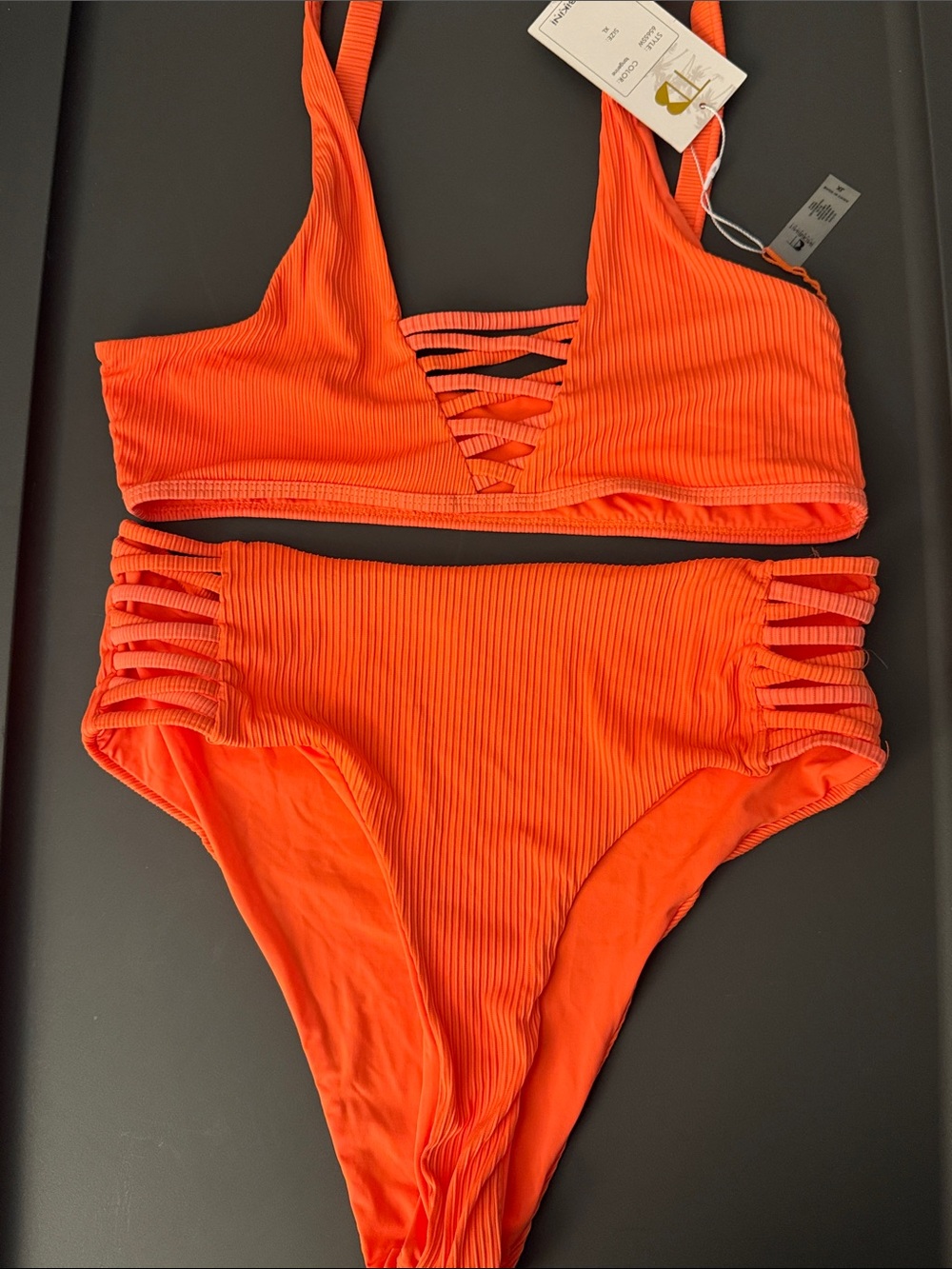 Orange Ribbed Strappy Swim Set